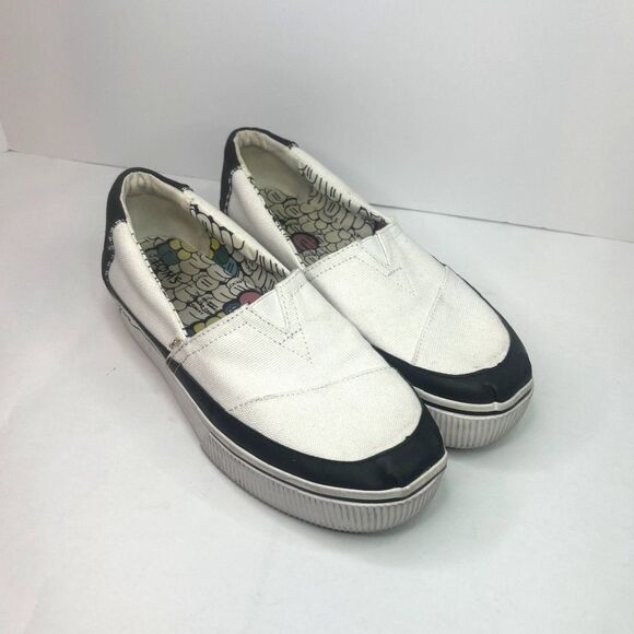 Toms Boardwalk Venice Canvas Platform Slip Ons Flats White Black Monogram Womens - Picture 4 of 10